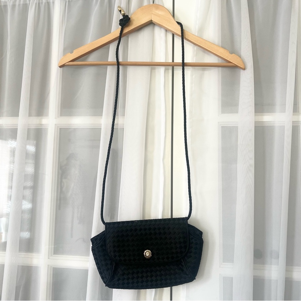 Vintage Bottega Veneta Intrecciato Black Woven Satin Evening Small Shoulder Bag
